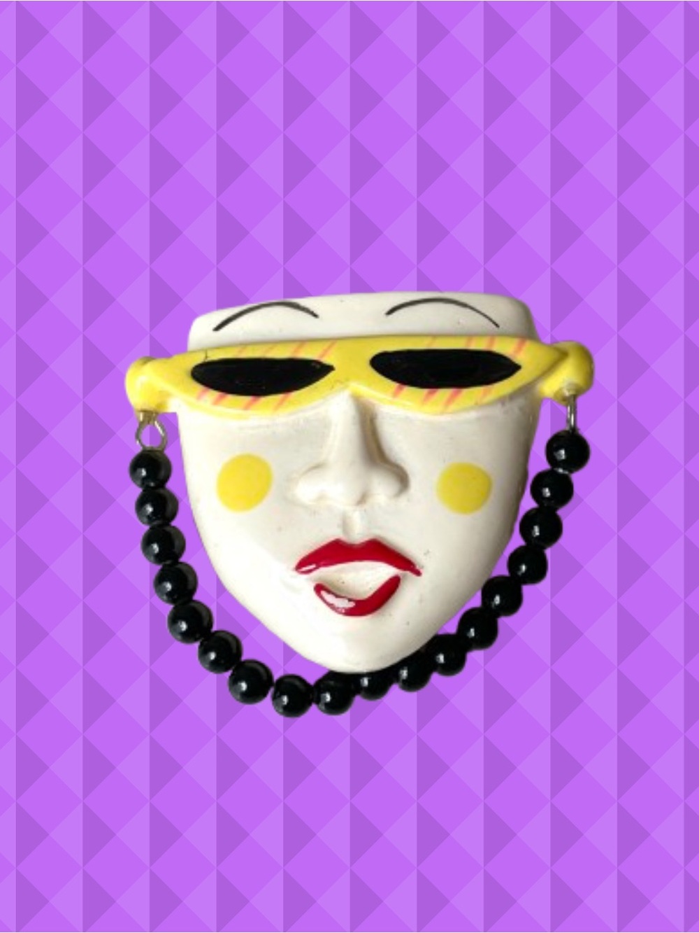 Vintage plastic face brooch w/ sunglasses, beading, red lips ‘80s